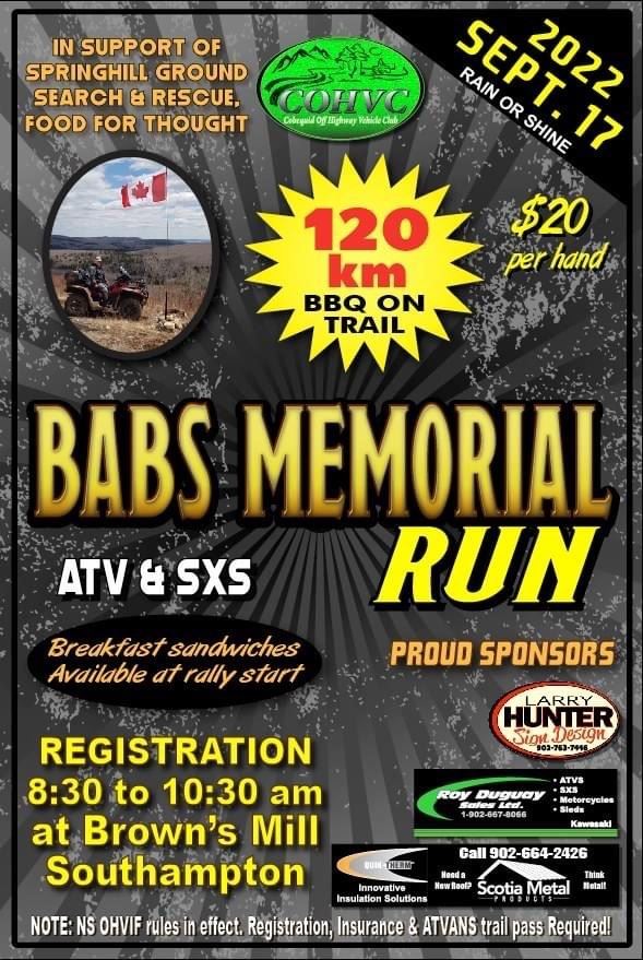 120km, BBQ on trail. $20 per hand. Registration 8:30 a.m. to 10:30 a.m. at Brown's Mill Southampton. Breakfast sandwiches available at rally start.